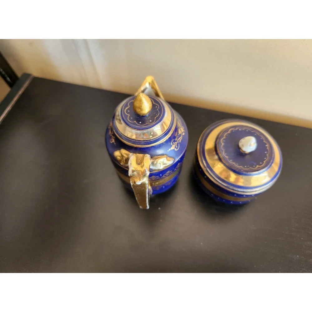 Antique Meissan Cobalt Gold‎ Grand Pictorial Romantic Couple Creamer + Sugar Set